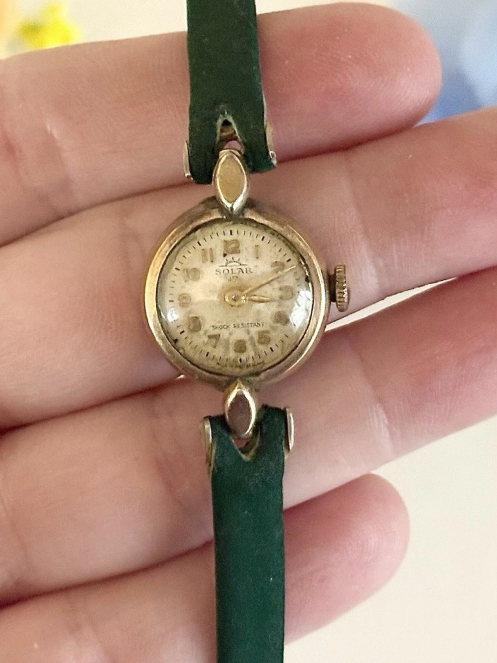 Rare Solar 17 Jewels Manual Gold Filled Dainty Green Leather Swiss Watch WORKS!